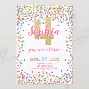 Colorful Confetti Gold Glitter Girl 4e verjaardag Kaart