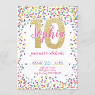 Colorful Confetti Gold Number Girl 10e verjaardag Kaart