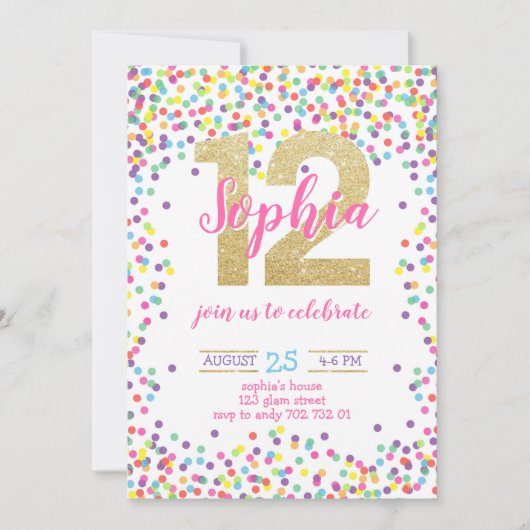 Colorful Confetti Gold Number Girl 12e verjaardag Kaart (Voorkant)