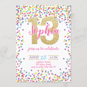 Colorful Confetti Gold Number Girl 13th Birthday Kaart