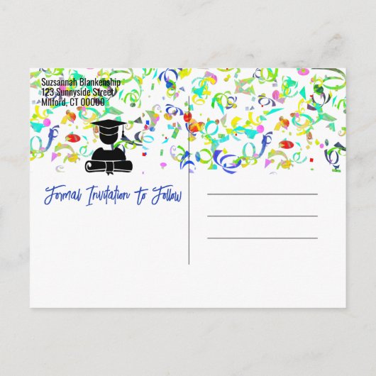 Colorful Confetti Graduparty sparen de Datum Aankondigingskaart (Achterkant)