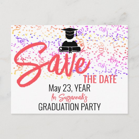 Colorful Confetti Graduparty sparen de Datum Aankondigingskaart (Voorkant)