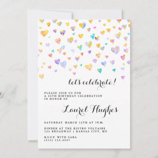 Colorful Confetti Hearts Birthday Party Invitation Kaart (Voorkant)