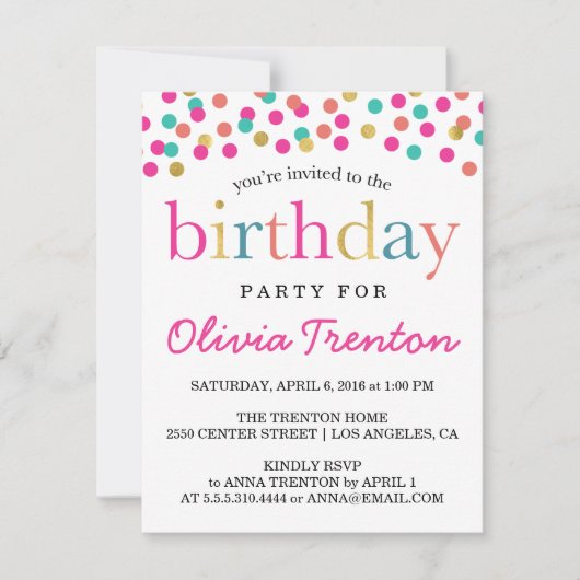 Colorful Confetti Kids Birthday Party Invitations Kaart (Voorkant)