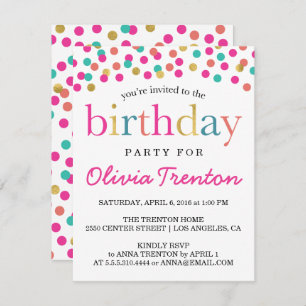 Colorful Confetti Kids Birthday Party Invitations Kaart