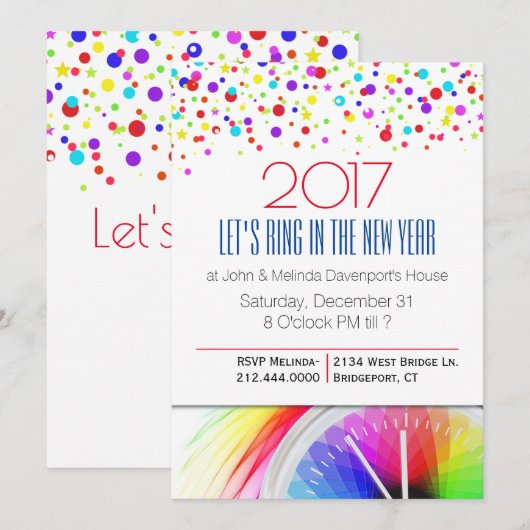 Colorful Confetti New Years Party Invitation Kaart (Voorkant / Achterkant)