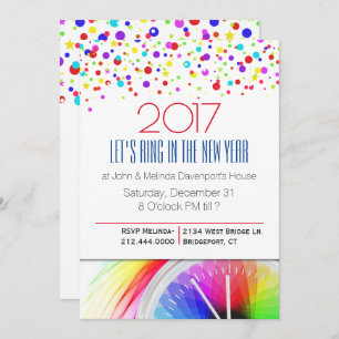 Colorful Confetti New Years Party Invitation Kaart