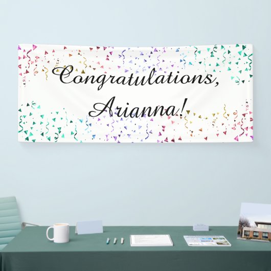 Colorful Confetti on White Gefeliciteerd Elegant Spandoek (Beurs)