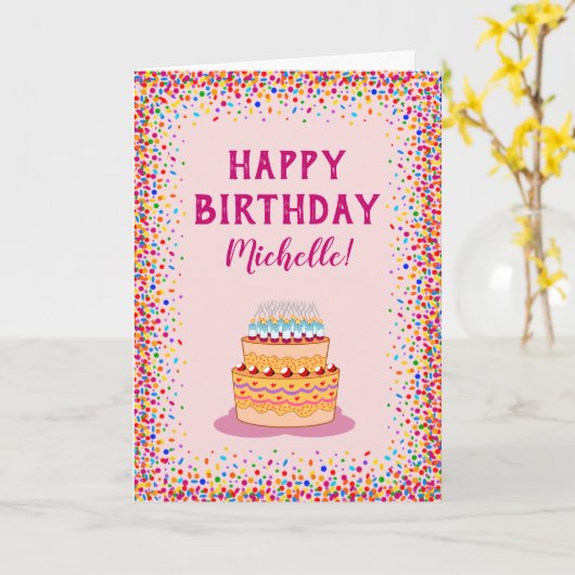 Colorful Confetti Pink Cake Birthday Celebration Kaart (Gele Bloem)