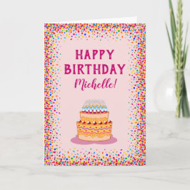 Colorful Confetti Pink Cake Birthday Celebration Kaart