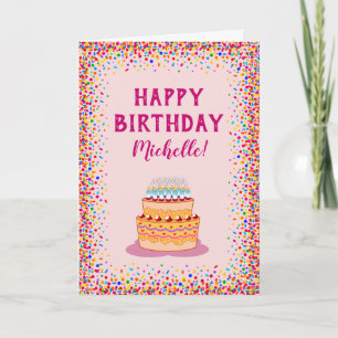 Colorful Confetti Pink Cake Birthday Celebration Kaart