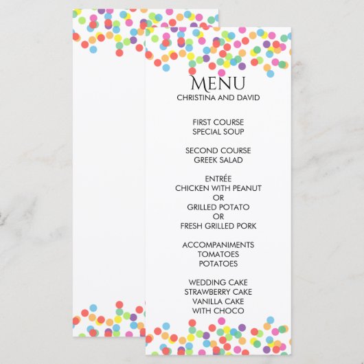 Colorful Confetti Rainbow Fun Wedding Menu (Voorkant / Achterkant)
