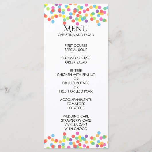 Colorful Confetti Rainbow Fun Wedding Menu (Voorkant)