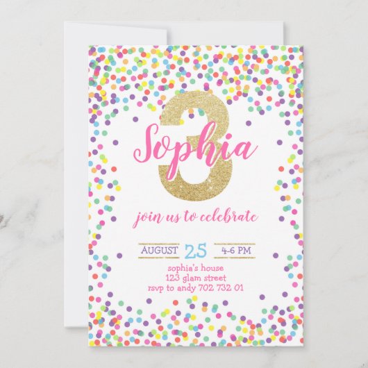 Colorful Confetti Rainbow Gold Girl 3rd Birthday Kaart (Voorkant)