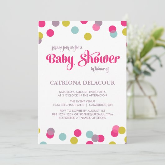 COLORFUL CONFETTI STIPPEN | BABY SHOWER INVITATIE KAART (Staand voorkant)
