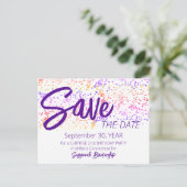 Colorful Confetti Top Purple Text Special Occasion Aankondigingskaart (Staand voorkant)