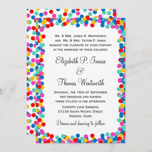 Colorful Confetti Wedding Invitation Kaart (Voorkant / Achterkant)