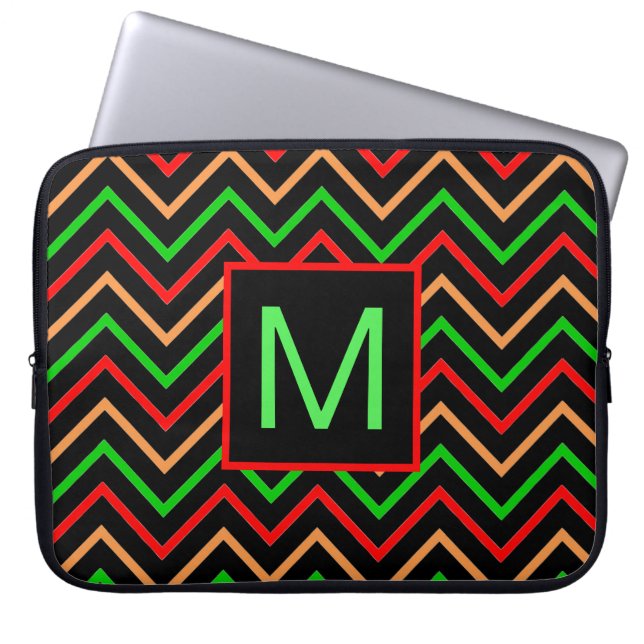 Colorful Cool Chevron on Black Monogram Laptop Sleeve (Voorkant)