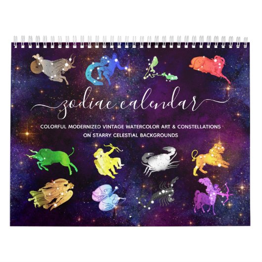 Colorful Cosmic Waterverf Zodiac Signs Artsy Boho Kalender (Hoes)