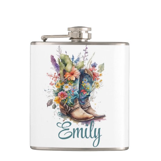 Colorful Cowgirl Boots en Flowers Heupfles (Voorkant)