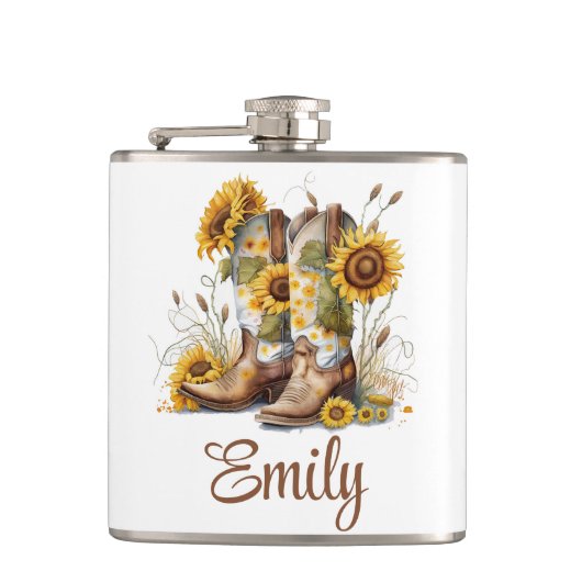 Colorful Cowgirl Boots en zonnebloemen Heupfles (Voorkant)