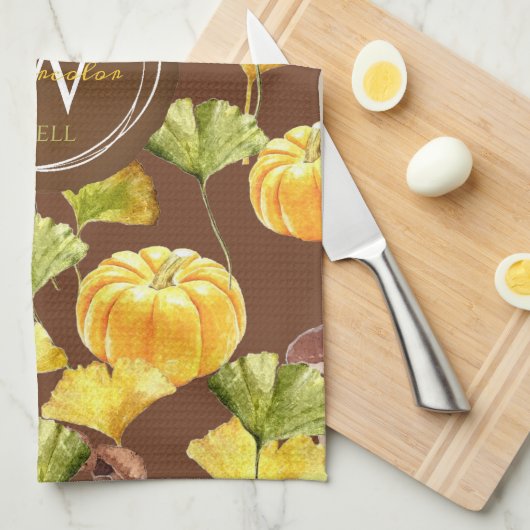 Colorful Cozy Autumn Waterverf Pattern Monogram Theedoek (Quarter Fold)