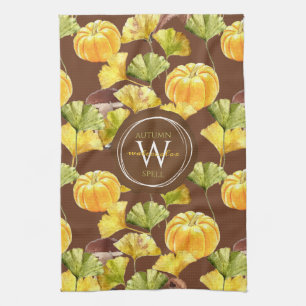 Colorful Cozy Autumn Waterverf Pattern Monogram Theedoek