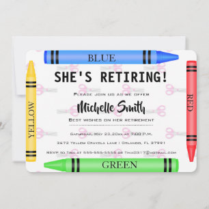 Colorful Crayon Teacher Retirement Invite Kaart