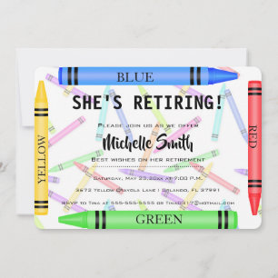 Colorful Crayon Teacher Retirement Invite Kaart
