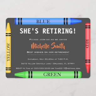 Colorful Crayon Teacher Retirement Invite Kaart