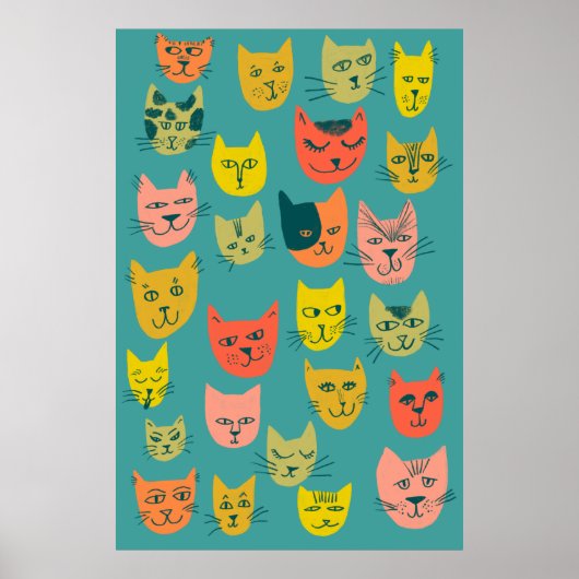 Colorful Crazy Cats Illustration Poster (Voorkant)