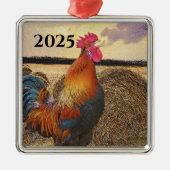Colorful Crowing Rooster en Hay Bales Metalen Ornament (Voorkant)