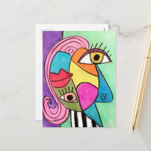 Colorful Cubism Abstract Face Fun Whimsical Art Briefkaart (Voorkant / Achterkant in situ)