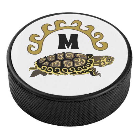 Colorful Cumberland Slider Turtle Monogram Hockey Puck (3/4)