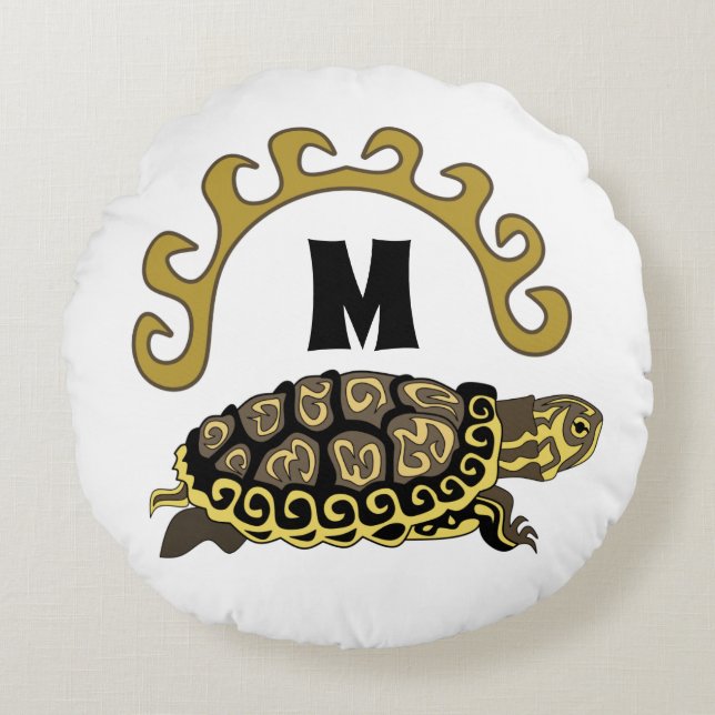 Colorful Cumberland Slider Turtle Monogram Rond Kussen (Voorkant)