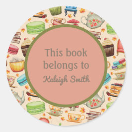 Colorful Cupcakes and Teapots Book Name Bord Ronde Sticker