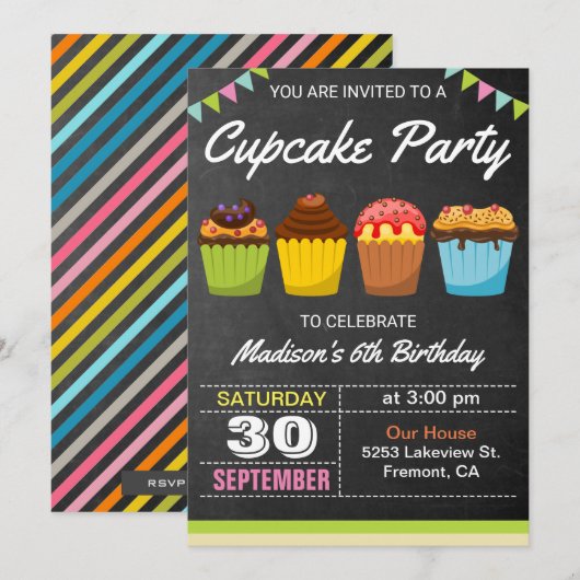 Colorful Cupcakes Kids Birthday Party Invitation Kaart (Voorkant / Achterkant)