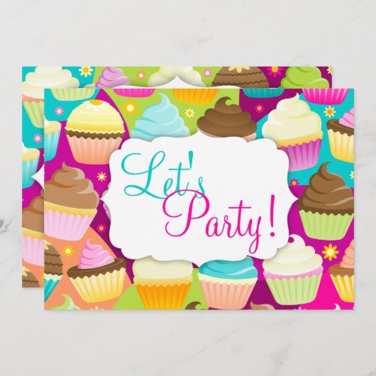 Colorful Cupcakes "Let's Party" Kaart (Voorkant / Achterkant)