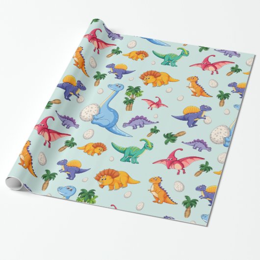 Colorful Cute Dinosaur Pattern Cadeaupapier (Uitgerold)