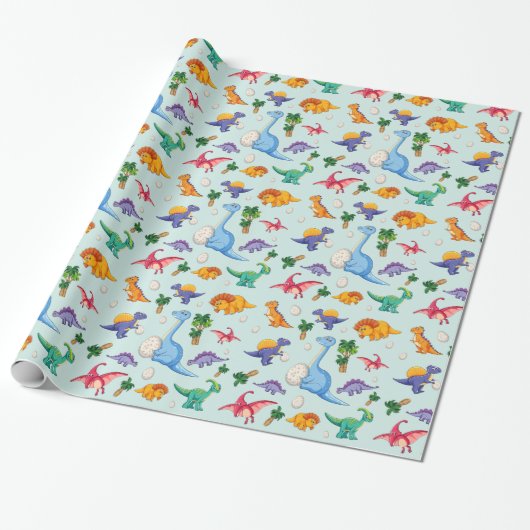 Colorful Cute Dinosaur Pattern Cadeaupapier (Uitgerold)