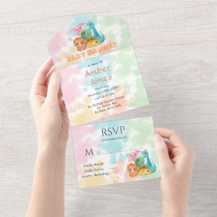 Colorful Cute Dinosaurs Baby shower All In One Uitnodiging