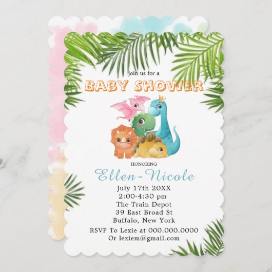 Colorful Cute Dinosaurs Baby Shower Invitations Kaart (Voorkant / Achterkant)