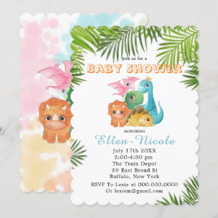 Colorful Cute Dinosaurs Baby Shower Invitations Kaart