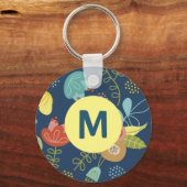 Colorful Cute Floral Pattern Dark Blue Monogram Sleutelhanger (Voorkant)