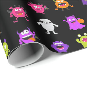 Colorful Cute Halloween Monsters op Black Cadeaupapier