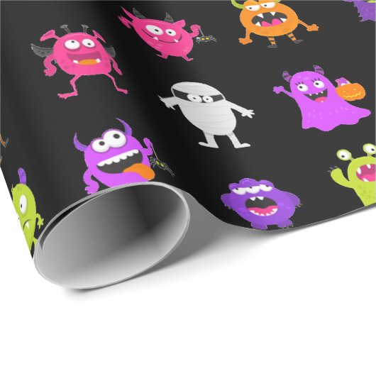 Colorful Cute Halloween Monsters op Black Cadeaupapier (Rol Hoek)
