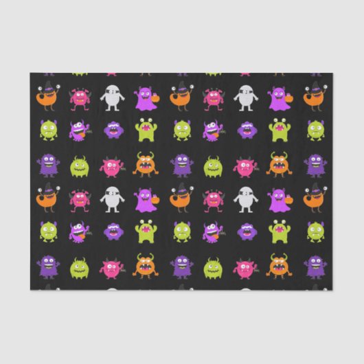 Colorful Cute Halloween Monsters op Black Tissuepapier (Voorkant)