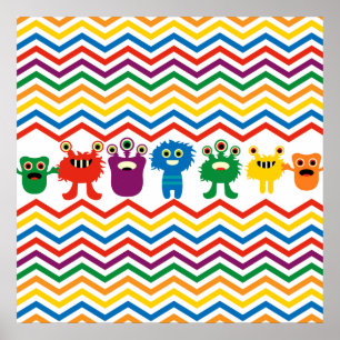 Colorful Cute Monsters Fun Chevron Striped Pattern Poster