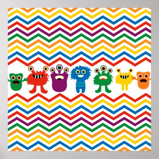 Colorful Cute Monsters Fun Chevron Striped Pattern Poster (Voorkant)
