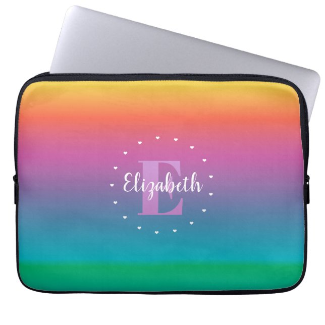 Colorful Cute Rainbow Ombre Multicolkleurige monog Laptop Sleeve (Voorkant)